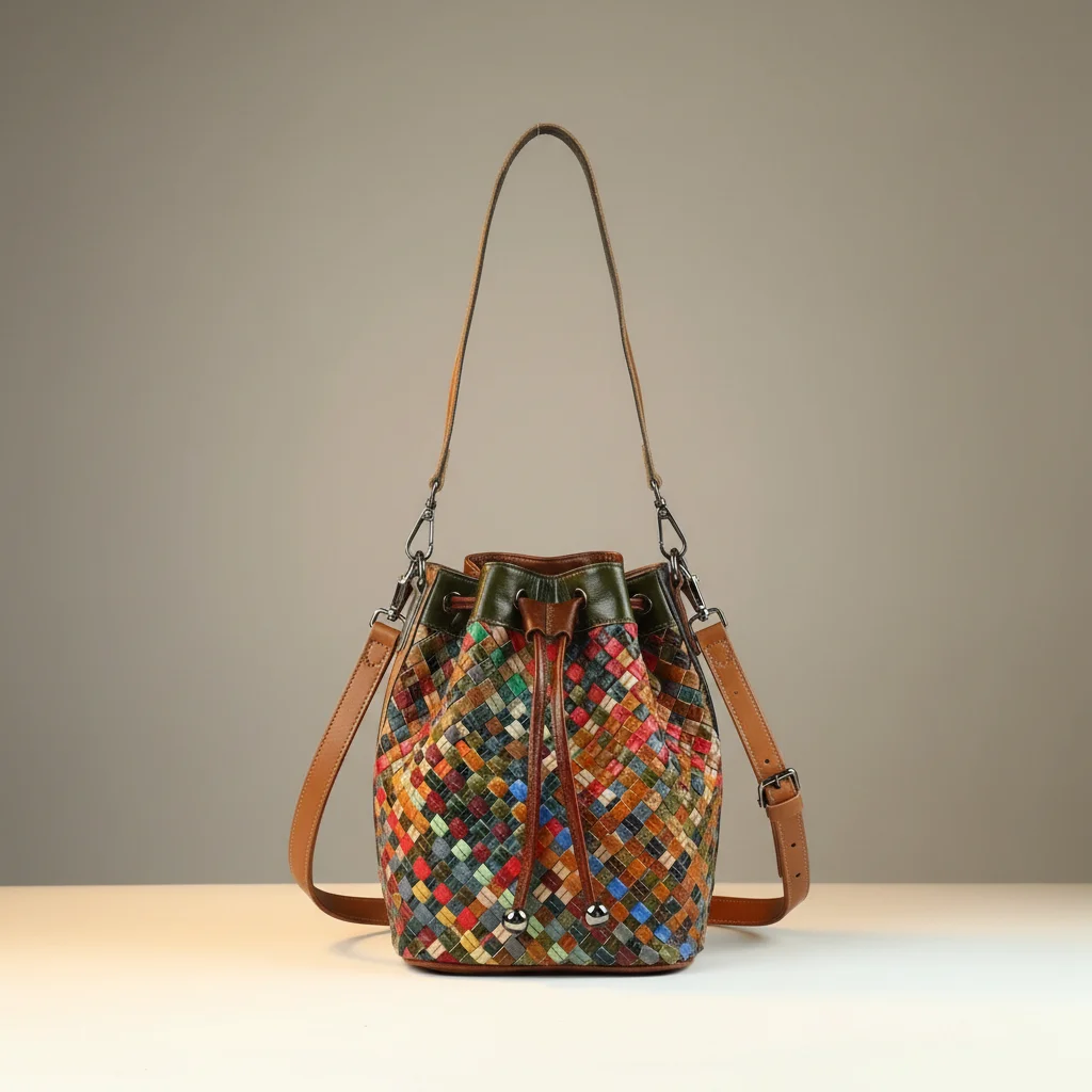 Sac tressé seau cuir multicolore - Vue 1 - sac tressé