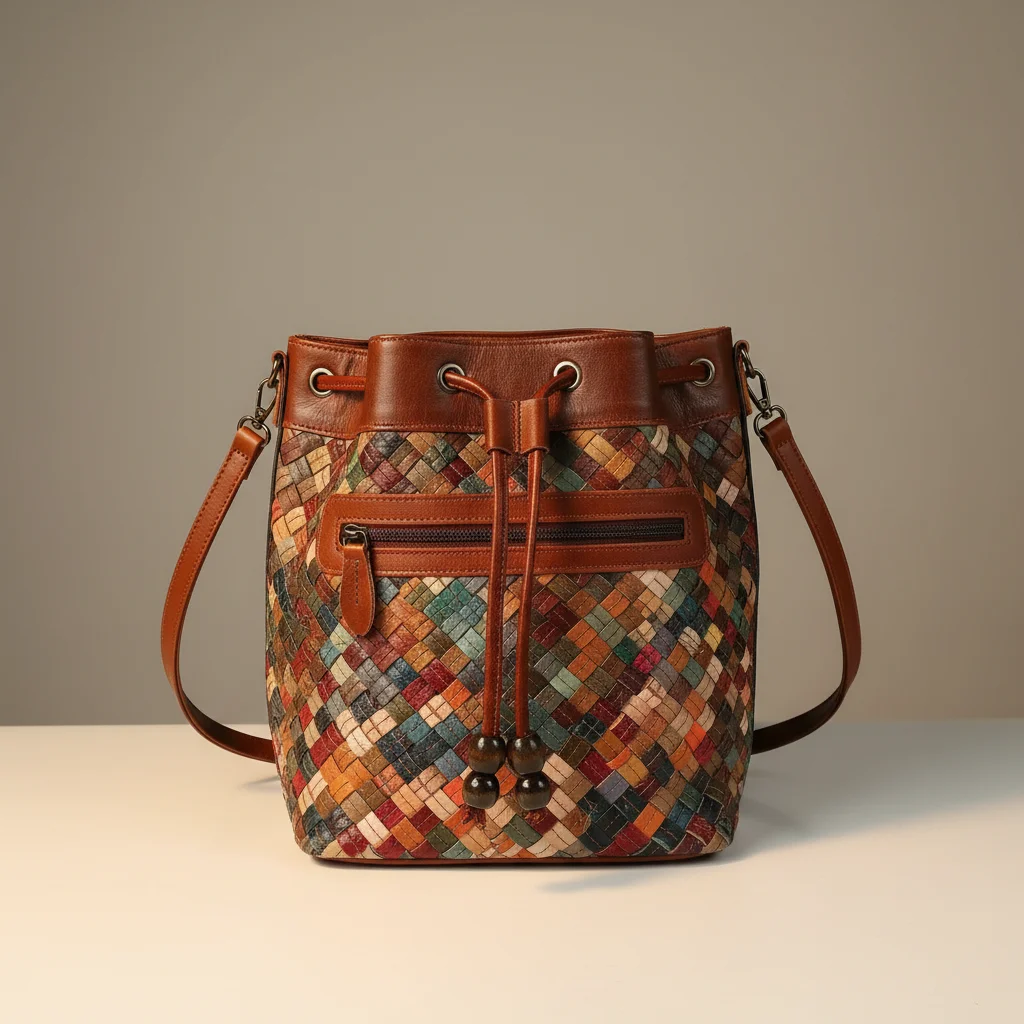 Sac tressé seau cuir multicolore - Vue 12 - sac tressé