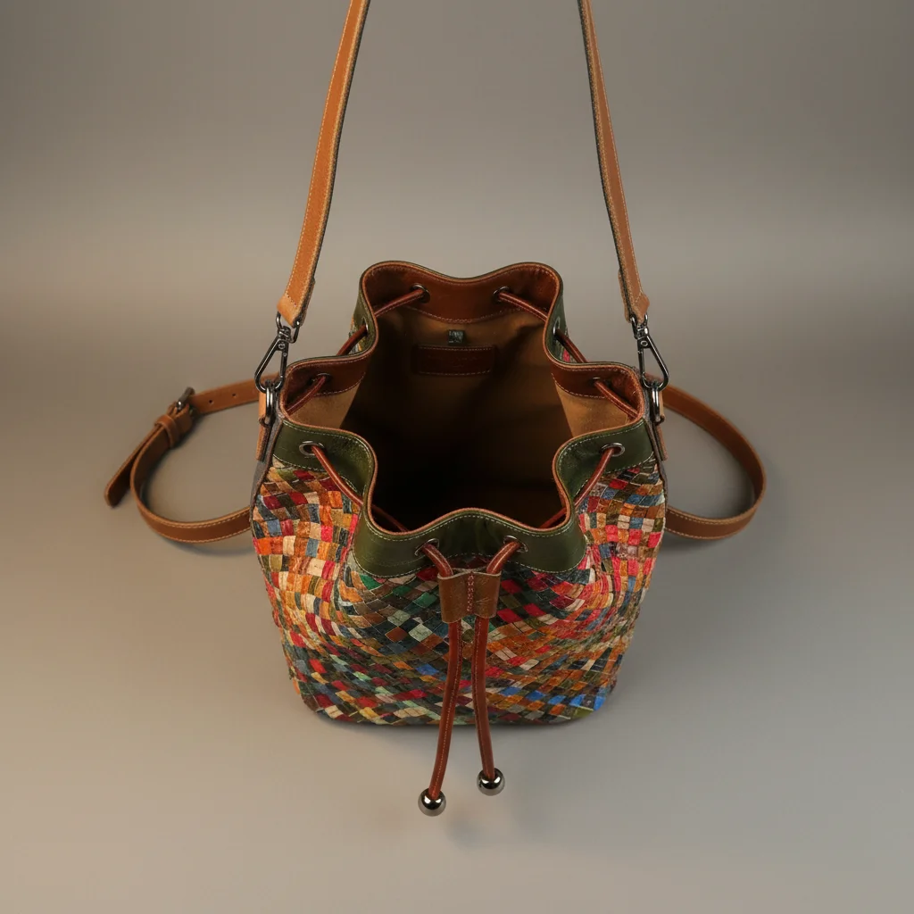 Sac tressé seau cuir multicolore - Vue 3 - sac tressé