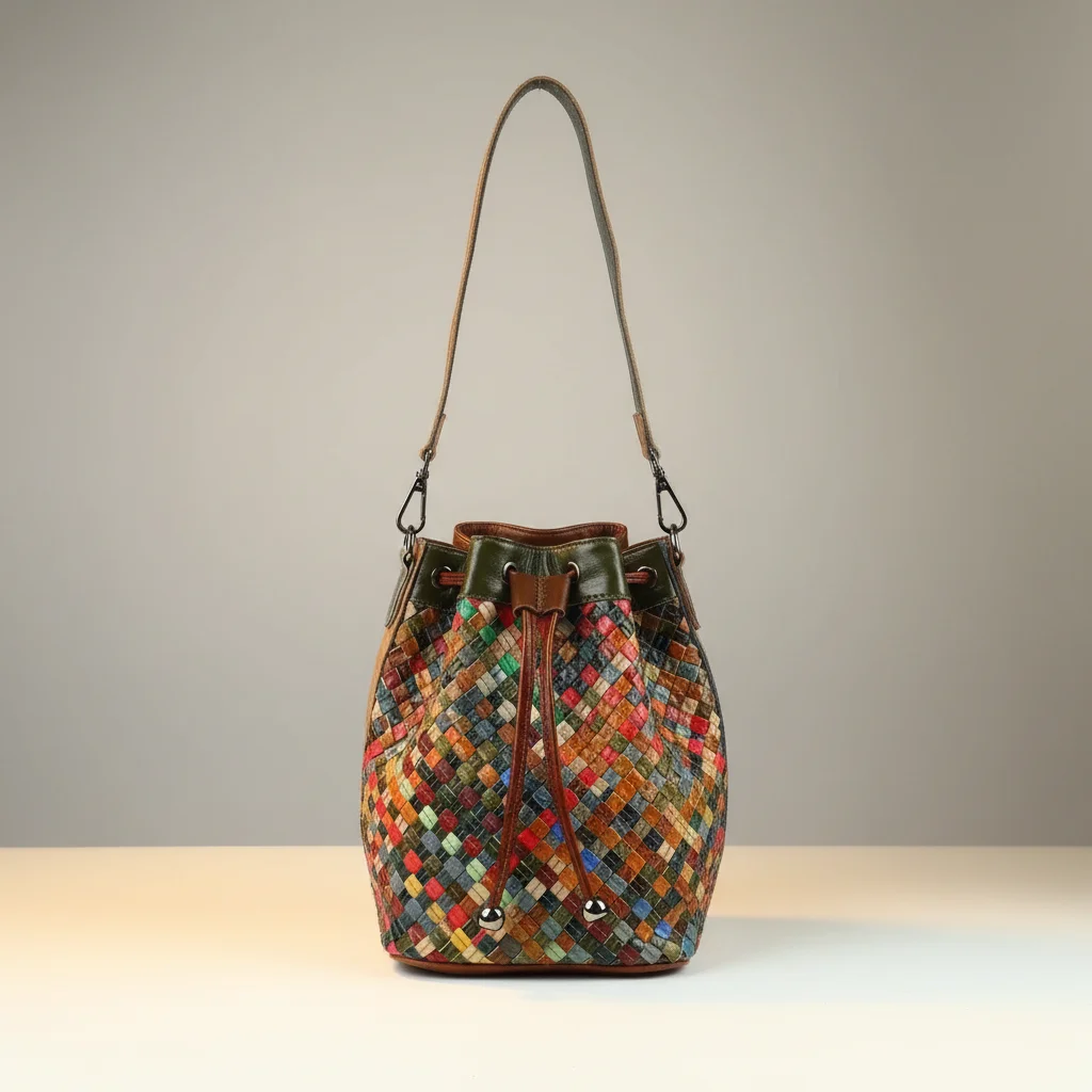 Sac tressé seau cuir multicolore - Vue 6 - sac tressé