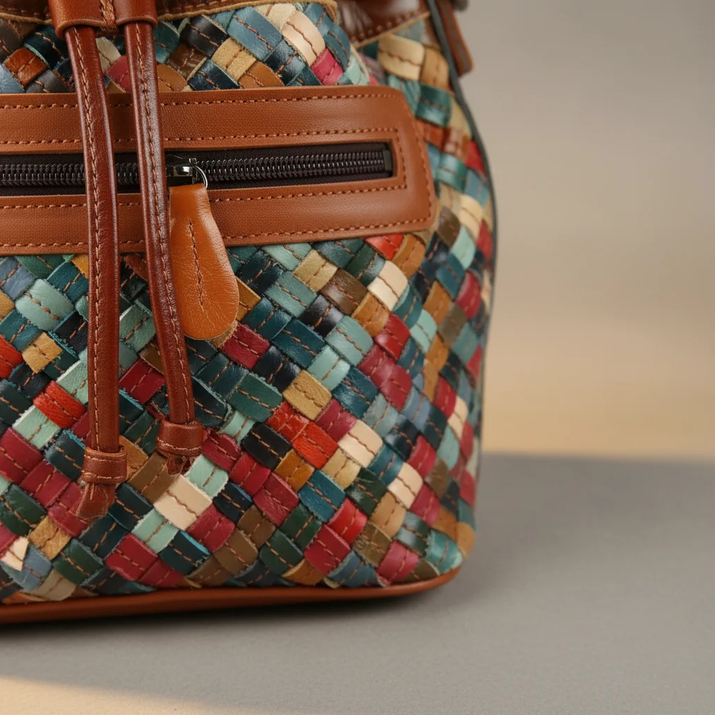 Sac tressé seau cuir multicolore - Vue 8 - sac tressé