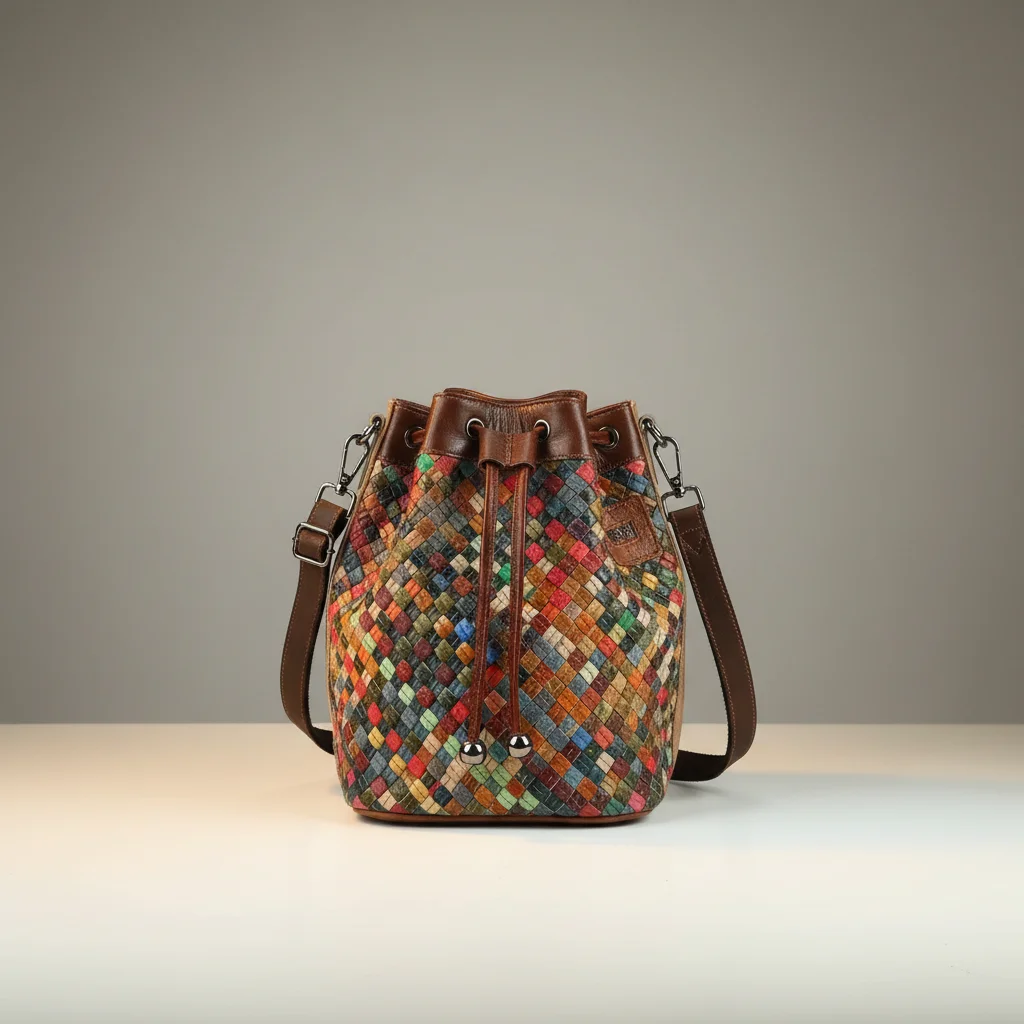 Sac tressé seau cuir multicolore - Vue 9 - sac tressé